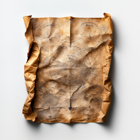 A map is ripped and wrinkled, with the word "discovery" written on it. The map appears to be old and worn, with faded ink and a sense of adventureの素材