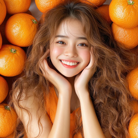 A woman is laying on a bed of oranges. She is smiling and looking at the camera. The oranges are arranged in a pile around herの素材