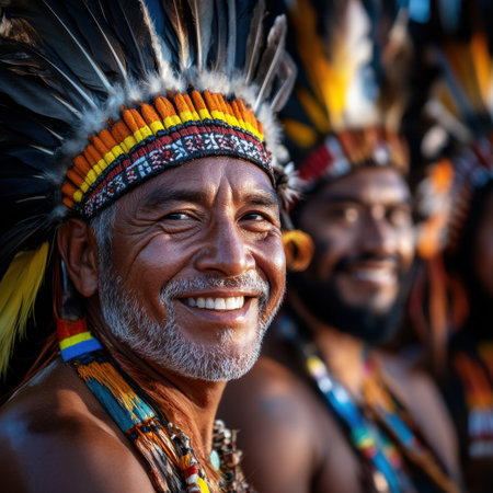 A man wearing a feather headdress and smiling. He is surrounded by other men in feather headdressesの素材