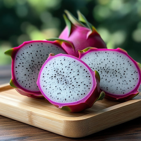 A close up of a cut up dragon fruit. The fruit is sliced in half and has black seedsの素材
