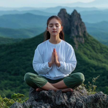 A woman is sitting on a rock and praying. Concept of peace and tranquilityの素材