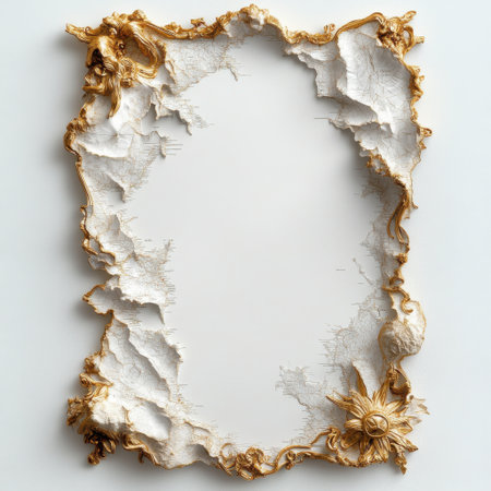 A gold frame with a white background is displayed. The frame is designed to look like a piece of art, with a unique and intricate design that catches the eyeの素材