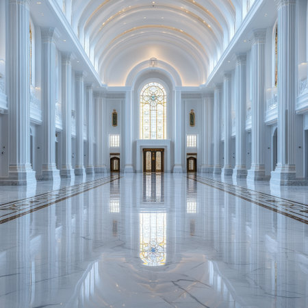 A large, empty, white room with a high ceiling and white pillars. The room is very spacious and has a very clean and elegant appearanceの素材