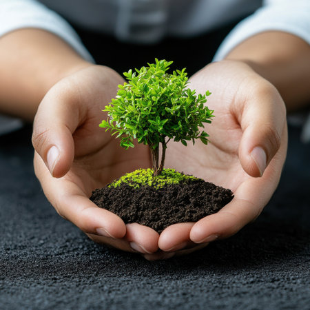 A person is holding a small tree in their hands. The tree is surrounded by dirt and he is a seedling. Concept of nurturing and care, as the person is protecting the young plantの素材