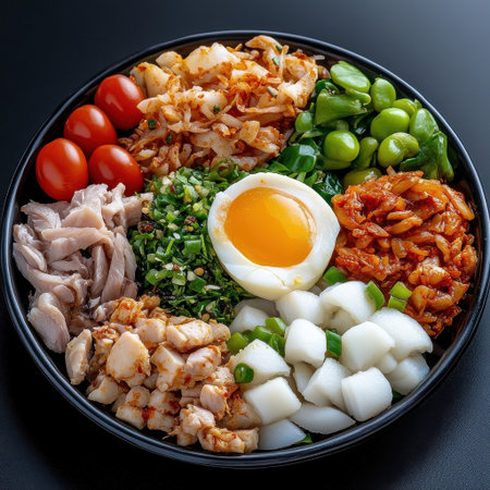 A black plate with a variety of food items including meat, vegetables, and rice. The plate is filled with different types of food, including a fried egg, tomatoes, and green beansの素材