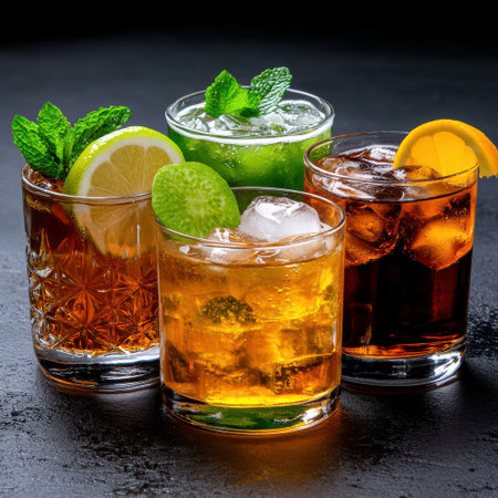 Four different drinks in four different glasses, including a green drink with a lime wedge. The drinks are served on a black tableの素材
