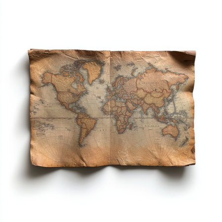 A map of the world is opened to a page with a large portion of it missing. The map is old and worn, with a brownish tintの素材