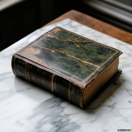 A book with a green cover sits on a marble table. The book is old and has a worn appearance. The cover is embossed with gold lettering, and the pages are yellowed and fragileの素材