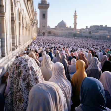 A large crowd of people wearing veils and headscarves are gathered in front of a buildingの素材