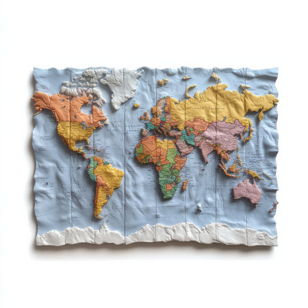 A large, colorful, and detailed world map is displayed on a white background. The map is made of wood and has a unique, artistic appearance. The colors and patterns on the map create a sense of depthの素材