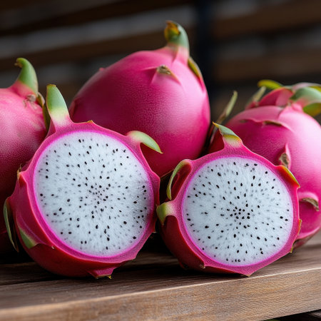 A close up of a dragon fruit with the inside of the fruit exposed. The fruit is pink and white in colorの素材