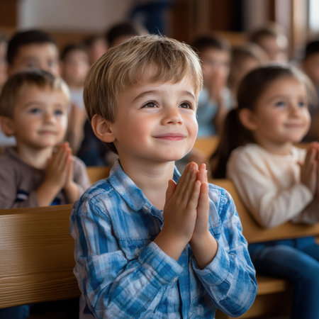 A young boy is sitting in a church with other children and is praying. The scene is peaceful and serene, with the children all looking up at the same pointの素材