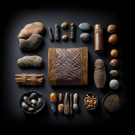 A collection of rocks and other objects arranged in a pattern on a black background. Concept of creativity and resourcefulness, as the various items are repurposedの素材