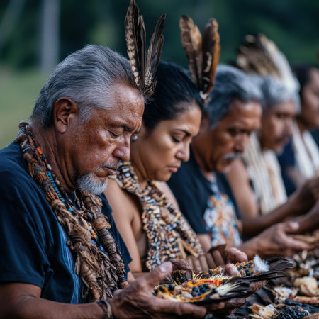 A group of people wearing feather headdresses are gathered around a table, holding a bird. The scene is peaceful and serene, with the people likely participating in a ritual or ceremonyの素材