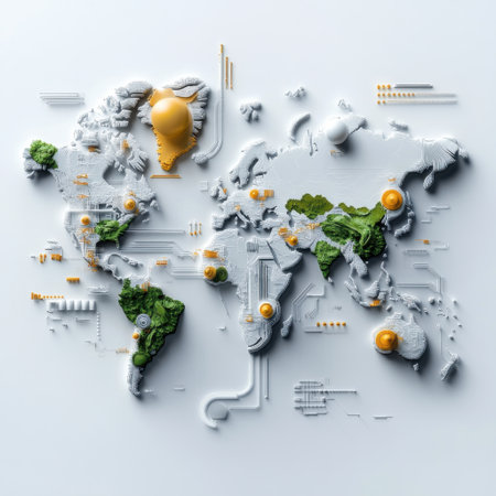 A computer generated map of the world with a green and yellow color scheme. The map is made up of various shapes and sizes, and it is a representation of a futuristic worldの素材