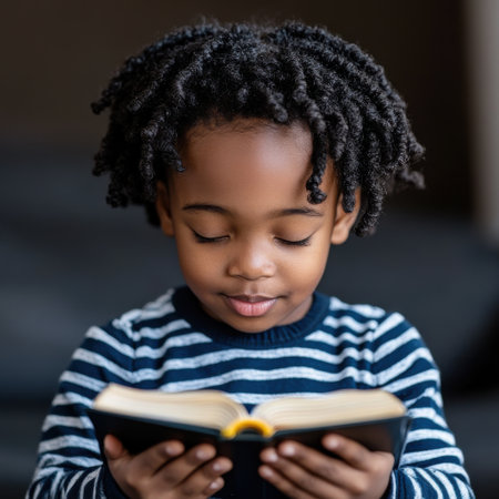 A young child is reading a book with a serious expression on his face. The book is open to a page with a picture of a person. The child is holding the book with both handsの素材