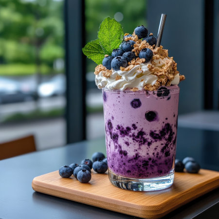 A blueberry smoothie with whipped cream and blueberries on top. The blueberries are scattered around the glass, and the whipped cream is piled on top. The drink is served in a tall glassの素材