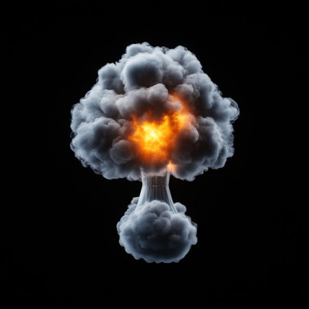 A large cloud of smoke with a bright orange flame in the middle. The smoke is billowing out of a mushroom shaped objectの素材