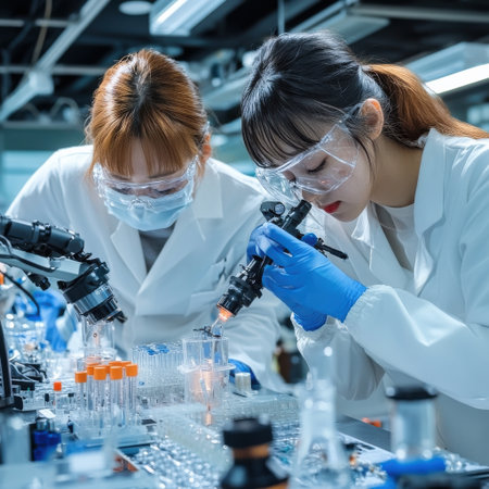 Two women in lab coats are looking at a microscope. One of them is wearing a red tieの素材
