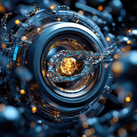 A blue and yellow sphere with a black background. The sphere is surrounded by a circle of blue and yellow lightsの素材