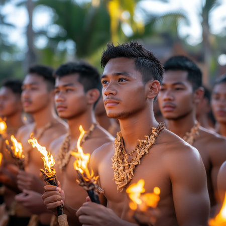 A group of men are holding torches and wearing traditional clothing. Scene is one of celebration and unityの素材