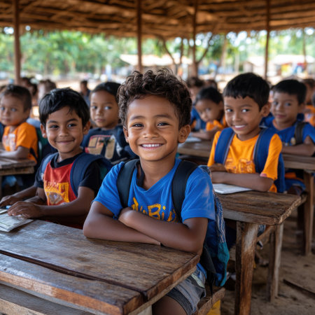 A group of children are sitting at desks in a classroom. One boy is smiling and wearing a blue shirt with the word "babu" on itの素材