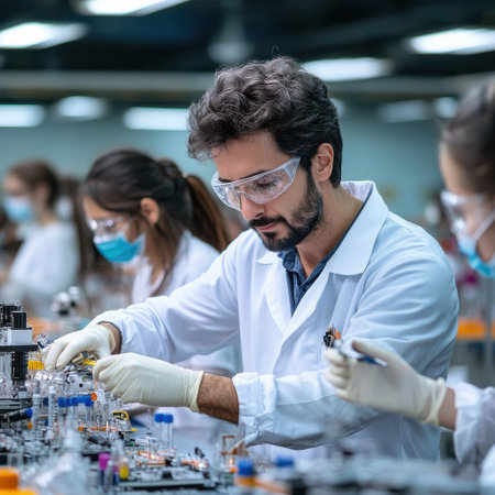 A man in a white lab coat is working on a project with other people in white lab coatsの素材