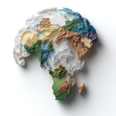 A map of Africa is shown in a collage style, with different colors and textures representing the various countries and regions. Concept of diversity and complexityの素材