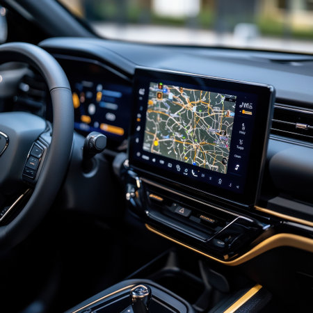 A car dashboard with a map on it. The map is showing a route to a destination. The dashboard is black and has a modern designの素材
