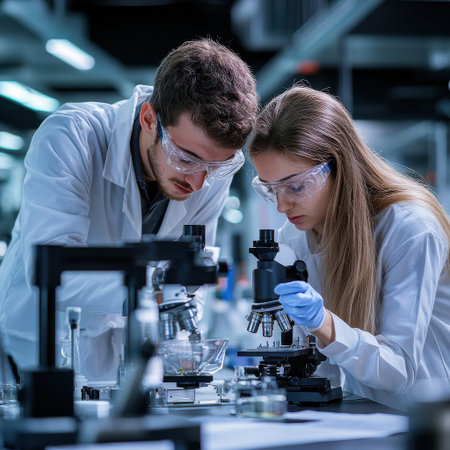 Two scientists are looking through a microscope at a sample. They are wearing lab coats and goggles. Concept of curiosity and scientific explorationの素材