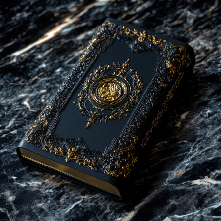 A black book with gold embossing sits on a marble surface. The book is ornate and has a gold frame. The design of the book is intricate and detailed, giving it an elegant and luxurious appearanceの素材