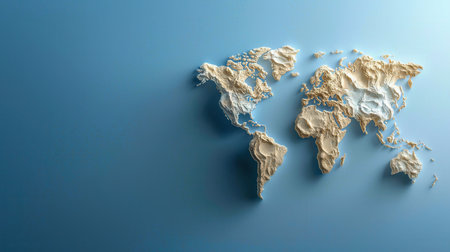 A blue background with a map of the world made of sand. The map is made of sand and has a white borderの素材