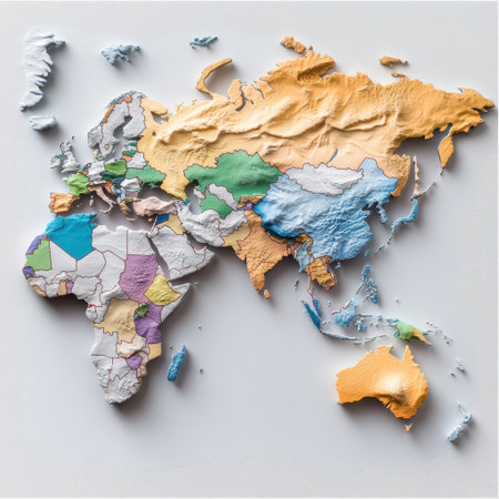 A colorful world map with the continents of Africa, Asia, Australia, Europe, and North Americaの素材