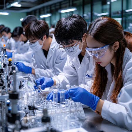 A group of scientists in lab coats are working on an experiment. They are wearing gloves and masks to protect themselves from any harmful substances. The atmosphere in the lab is seriousの素材