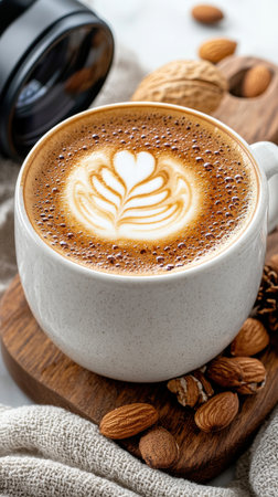 A white coffee cup with a heart design on it sits on a wooden tray with almonds scattered around it. Concept of warmth and comfort, as the coffee and almonds are often associated with relaxationの素材