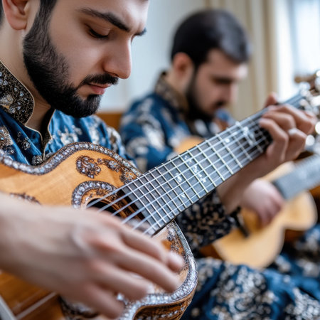 Two men are playing guitars in a room. One of the guitars is decorated with a pattern. The men are dressed in blue and whiteの素材