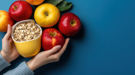 A person is holding a yellow bowl with oatmeal and apples in it. The bowl is placed on a blue surfaceの素材