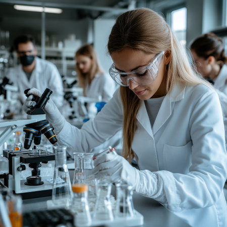 A woman in a lab coat is working with a microscope. She is wearing safety goggles and glovesの素材