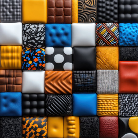 A colorful patchwork of squares and rectangles made of leather and other materials. The colors and patterns create a sense of diversity and creativityの素材