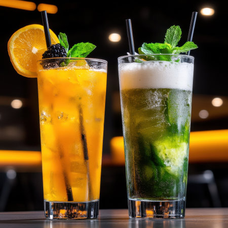 Two drinks, one orange and one green, are sitting on a table. The orange drink has a slice of orange on top, while the green drink has a slice of limeの素材