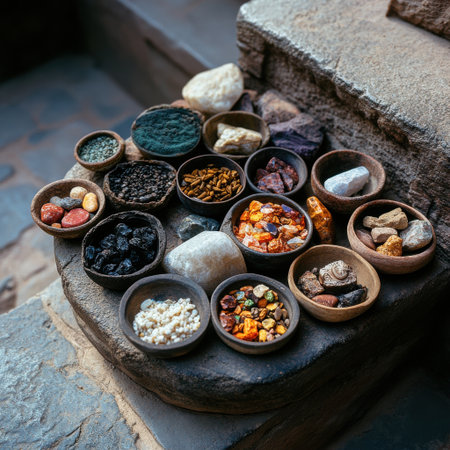 A collection of small bowls filled with various colored rocks and other items. The bowls are arranged in a way that they look like a mosaic. Scene is one of curiosity and wonderの素材