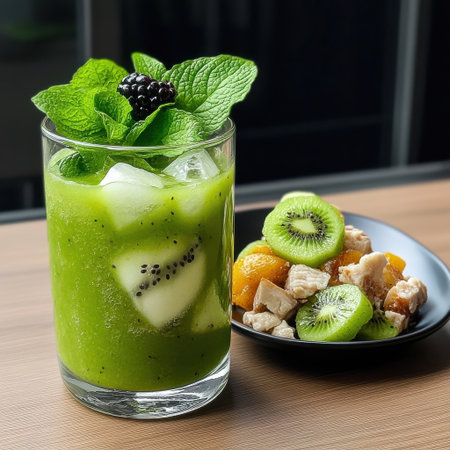 A glass of green juice with a kiwi on top and a plate of chicken and fruit.の素材