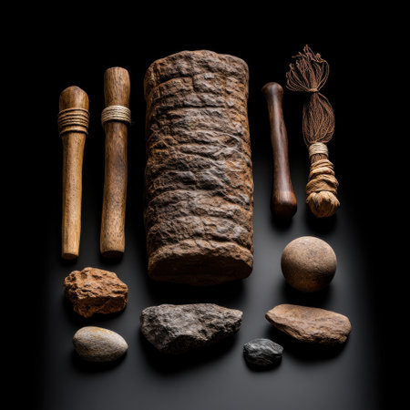 A collection of primitive tools and rocks are displayed on a black background. Scene is one of curiosity and wonder, as the viewer is left to imagine the stories behind each of the objectsの素材