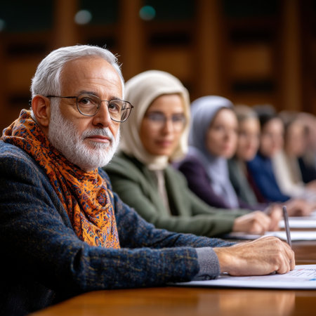 A man with glasses and a scarf sits at a table with several other people. He is writing on a piece of paperの素材