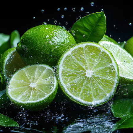 A close up of a lime with a few drops of water on it. The lime is cut in half and the water droplets are falling from the limeの素材