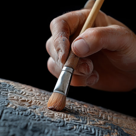 A person is painting a piece of art with a brush. The brush is brown and the person's hand is covered in white powder. The painting appears to be a mix of abstract and realistic elementsの素材