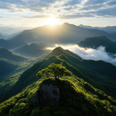 A tree is growing on a mountain top. The sun is shining on the tree and the mountain. The sky is cloudy and the mountain range is covered in treesの素材