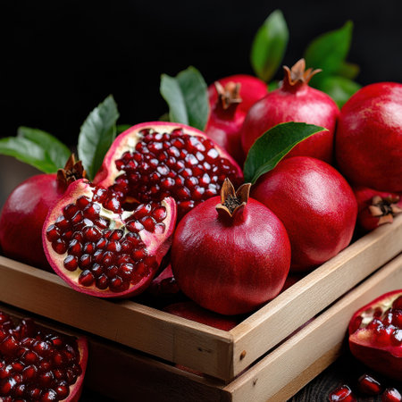 A basket of red pomegranates with one half cut open. The pomegranates are ripe and ready to eatの素材