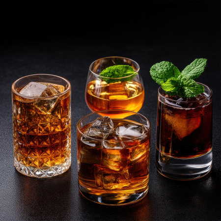 Four different drinks in four different glasses, including a martini and a soda. The drinks are served on a black tableの素材