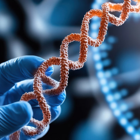 A DNA strand is being held by a person in a blue glove. Concept of scientific discovery and exploration, as the person is examining the structure of the DNA moleculeの素材